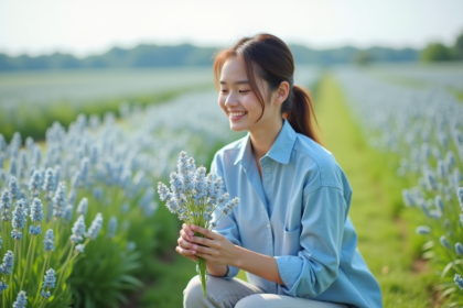 Jeune femme en blouse bleue dans un champ de lin en fleurs