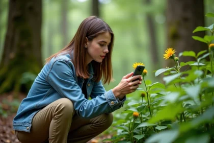 Jeune femme dans la forêt avec téléphone Android et fleur sauvage