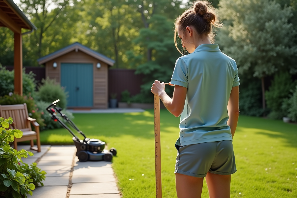 Jeune femme vérifiant la hauteur de lherbe dans son jardin en été