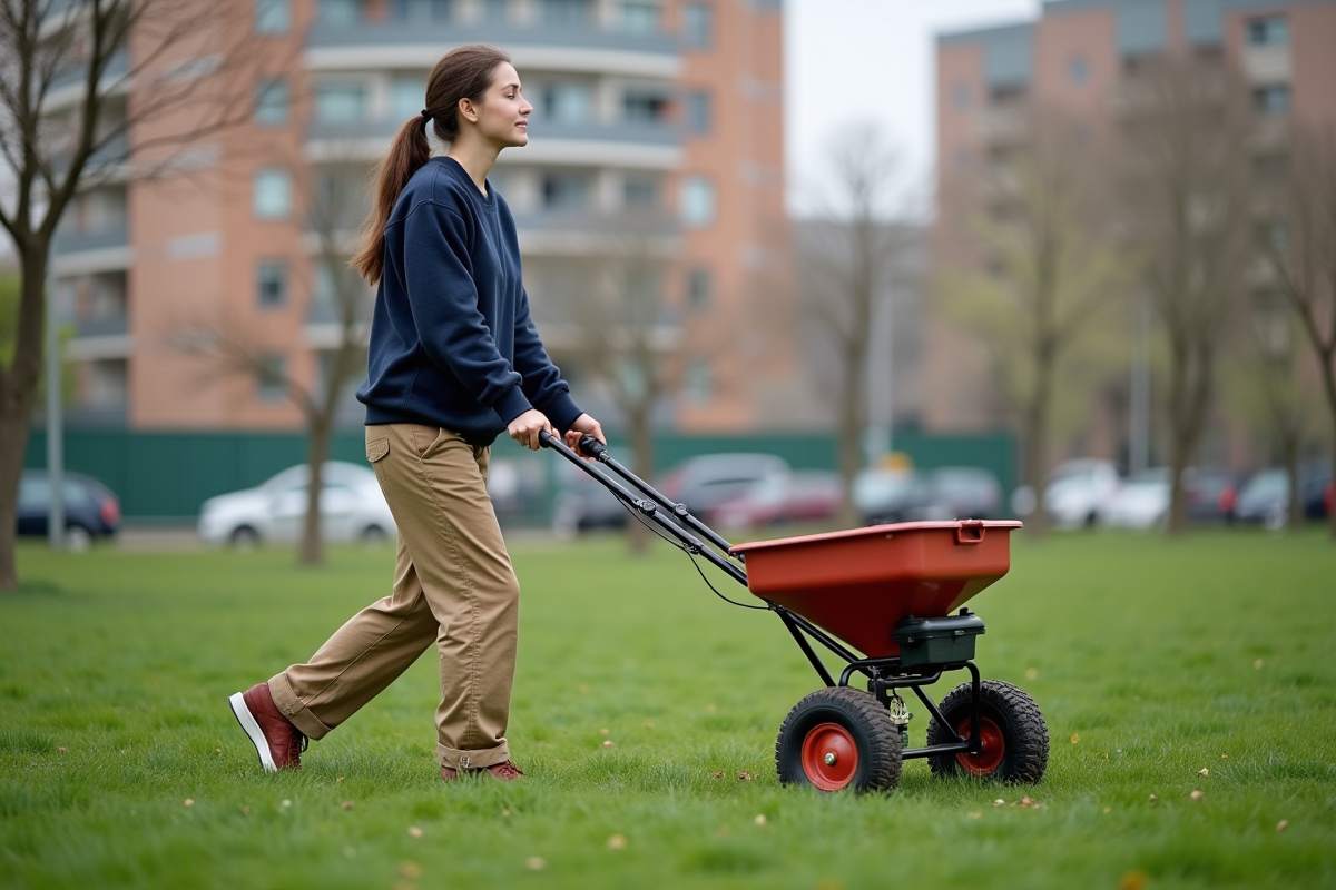 Femme poussant un semoir à graines dans un parc urbain
