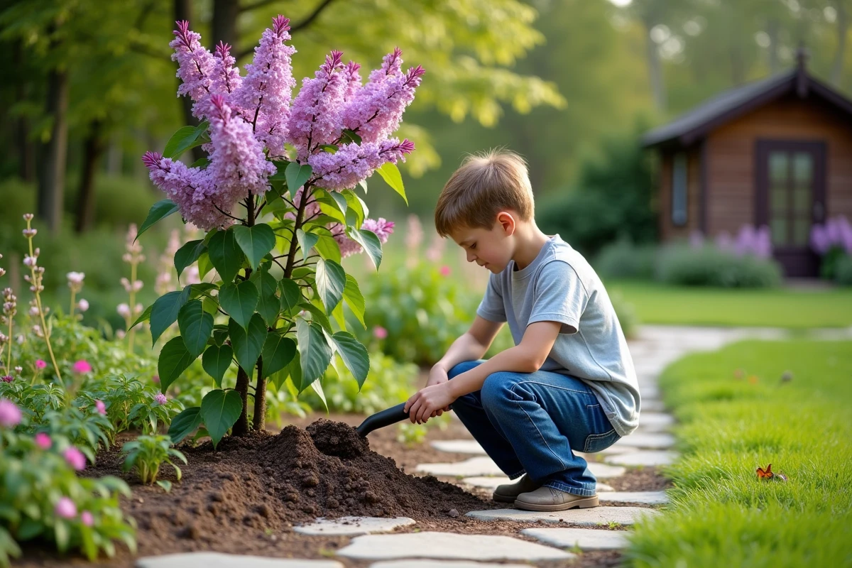 Jeune garçon mulchant un lilas dans un jardin printanier