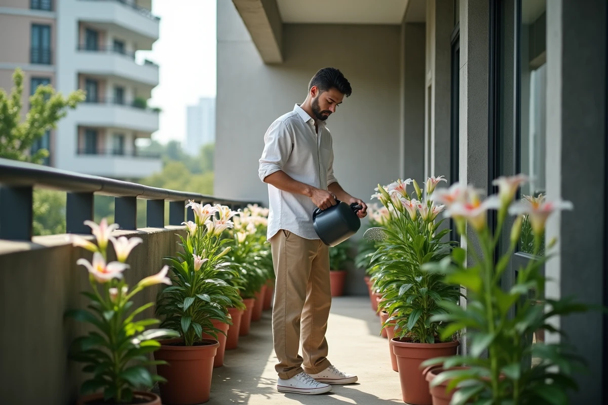 Jeune homme arrosant des lys dans un couloir d