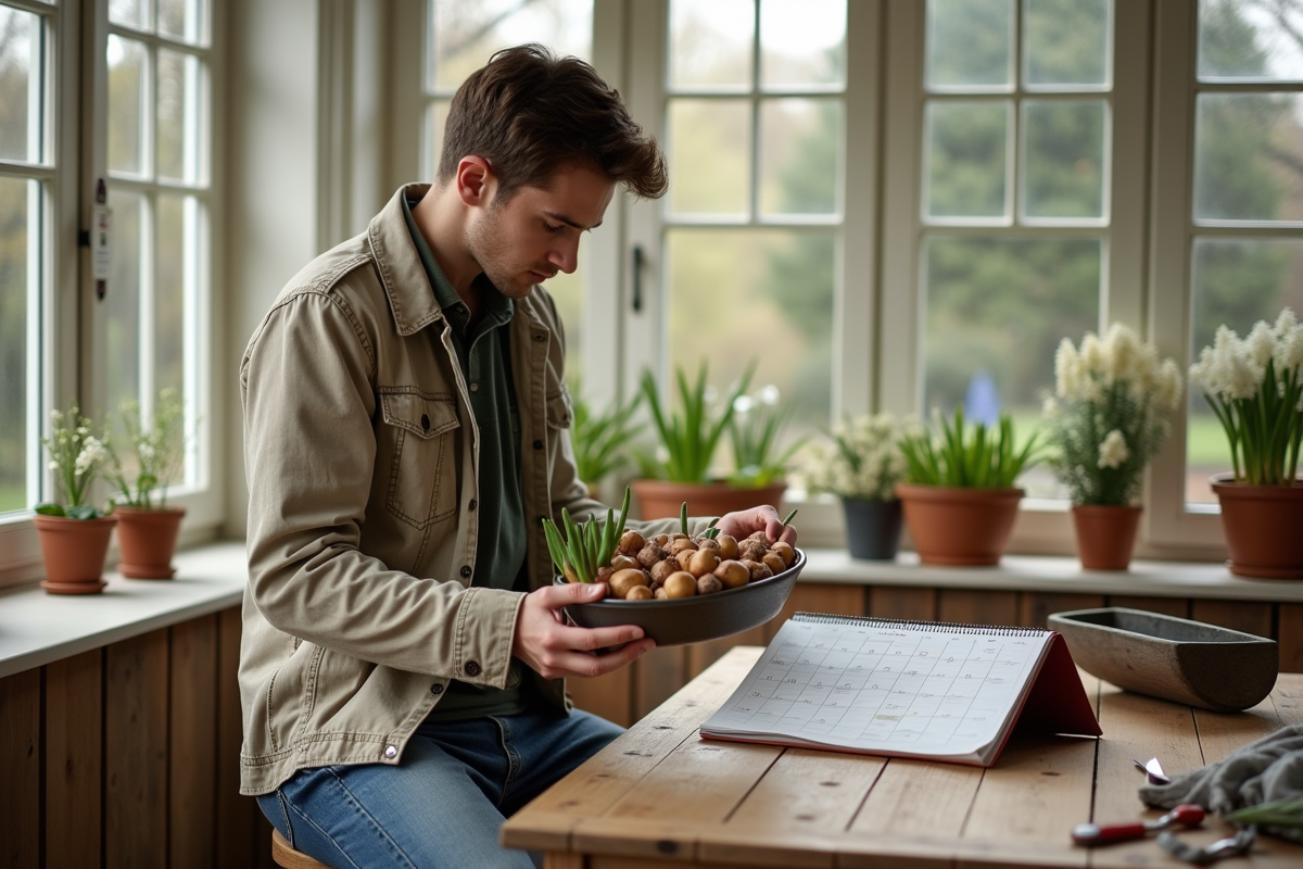 Jeune homme regardant un calendrier de jardinage avec des bulbes
