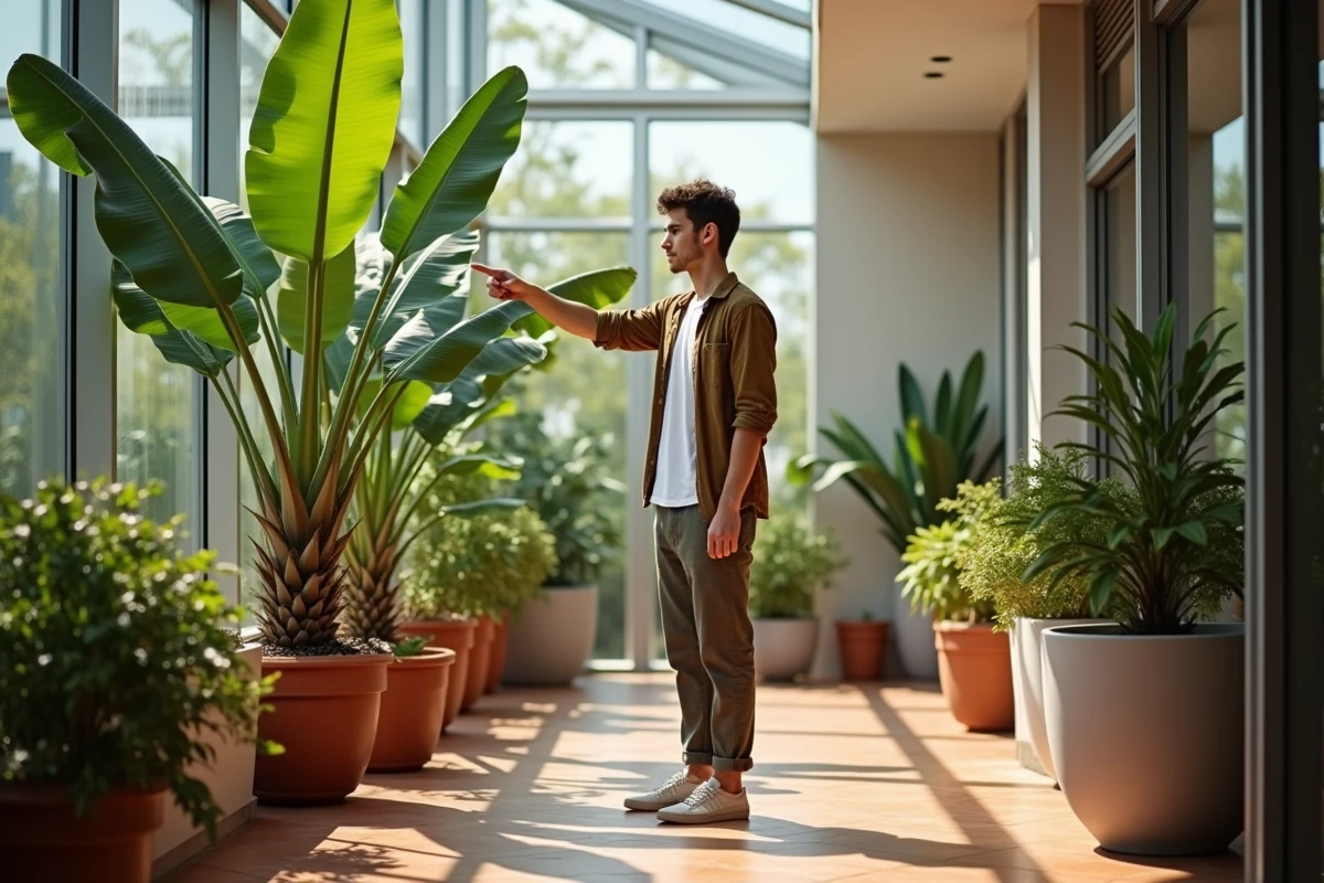 Jeune homme pointant un bananier dans un conservatoire