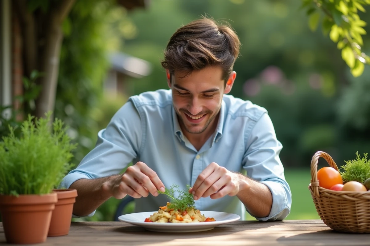 Jeune homme garnissant un plat avec du dill dans le jardin