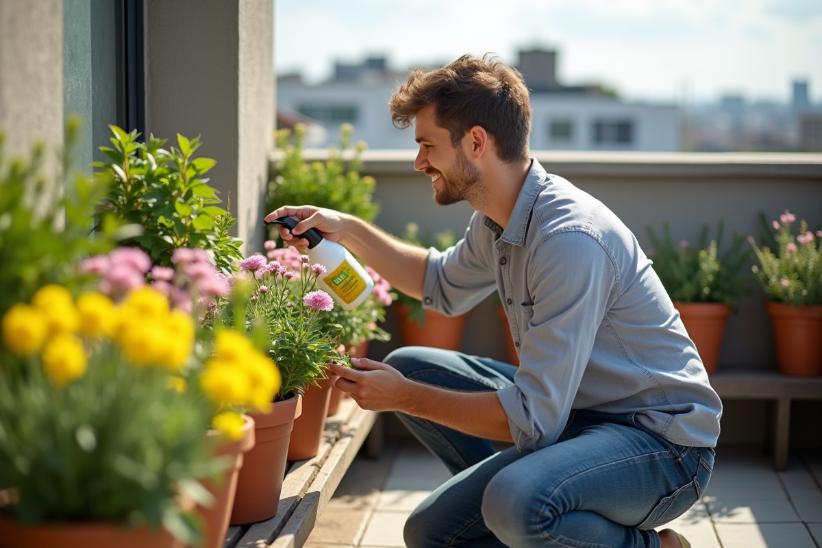 Jeune homme arrosant des fleurs en balcon ensoleille