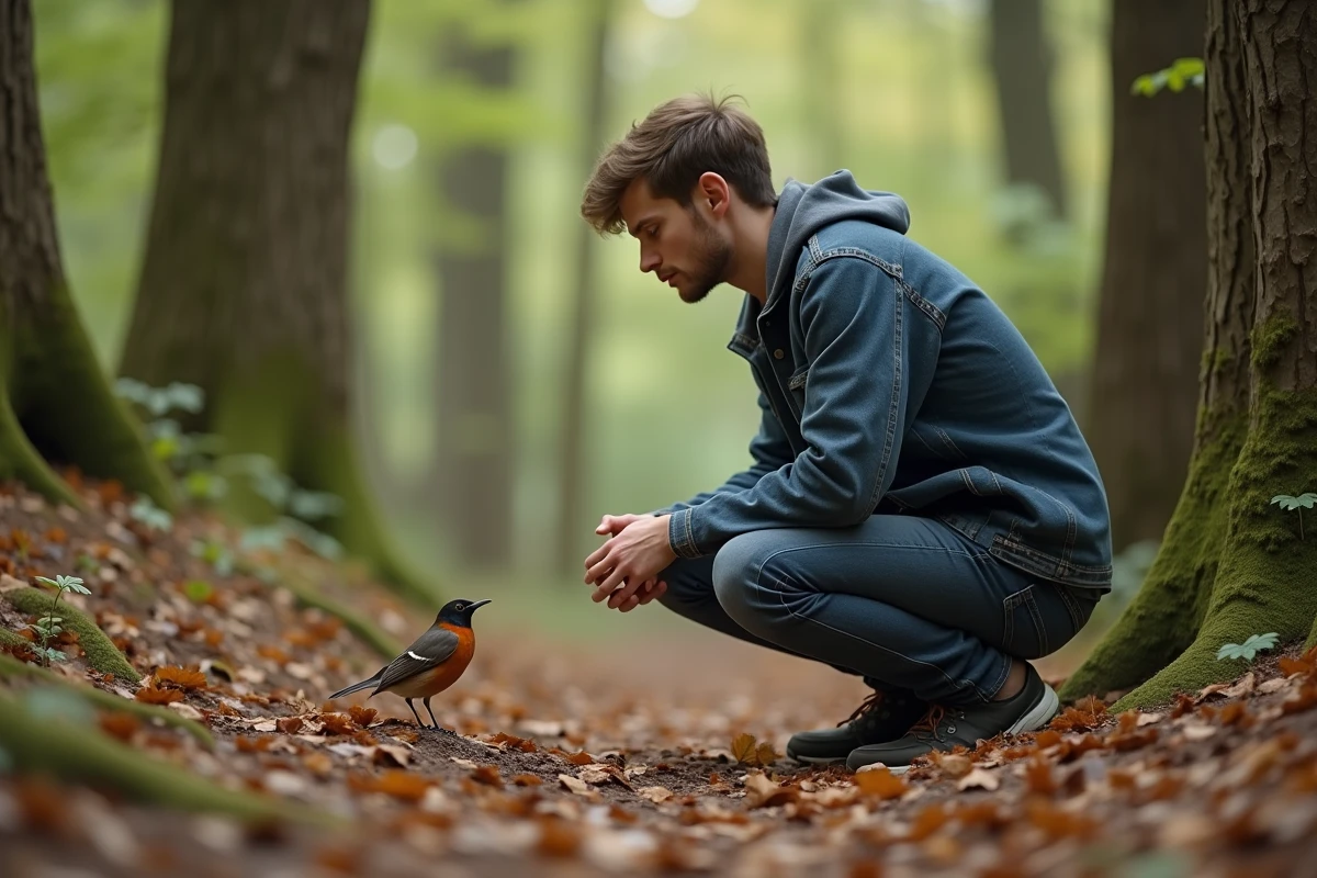 Jeune homme dans la forêt observant un rouge-gorge