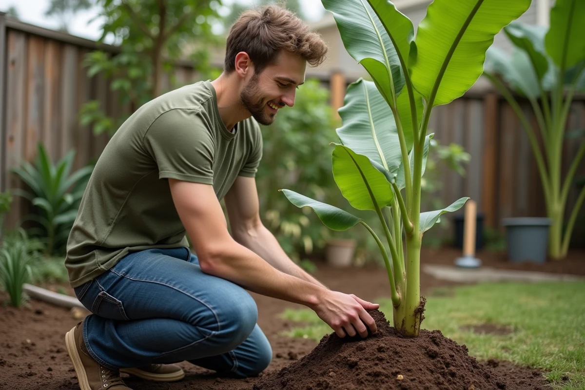 Jeune homme plantant un bananier dans son jardin