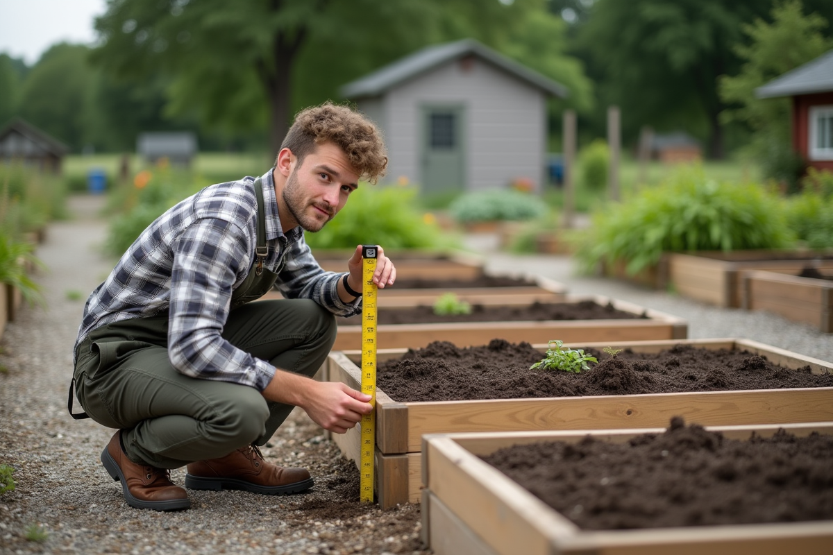 Jeune homme vérifiant la hauteur de la terre dans des carrés de jardin