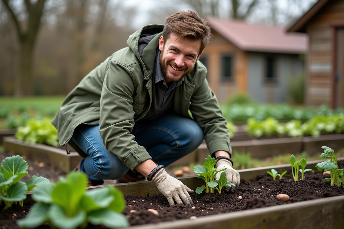 Jeune homme semant des graines dans un jardin en plein air
