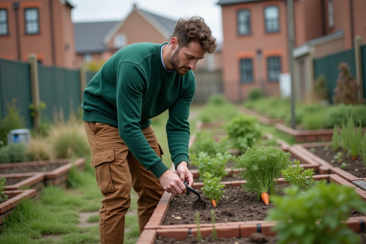 Jeune homme avec râteau dans un jardin communautaire urbain