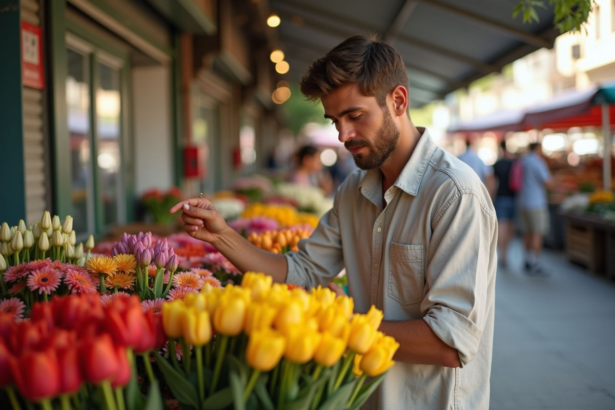 Jeune homme examinant des fleurs au marché en plein air