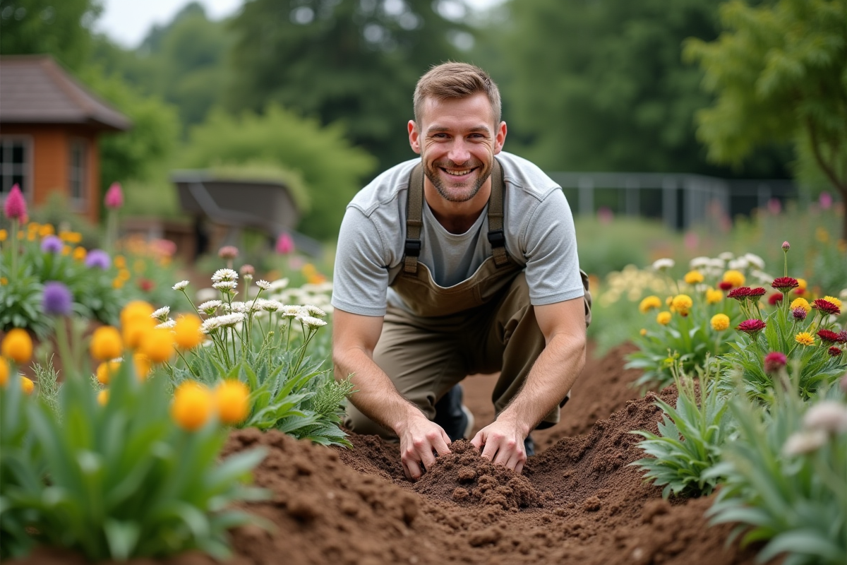 Jeune homme appliquant du mulch autour des plantes