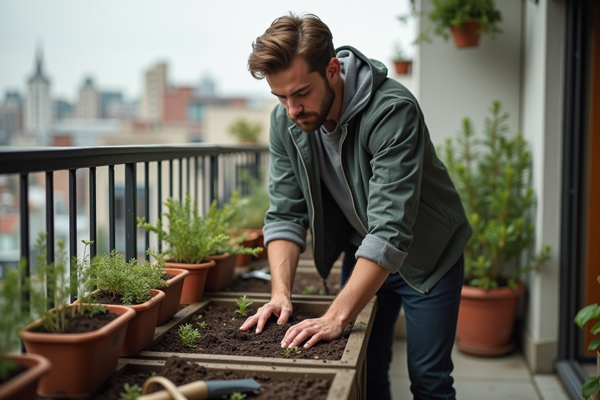 Jeune homme cultivant un jardin sur un balcon urbain