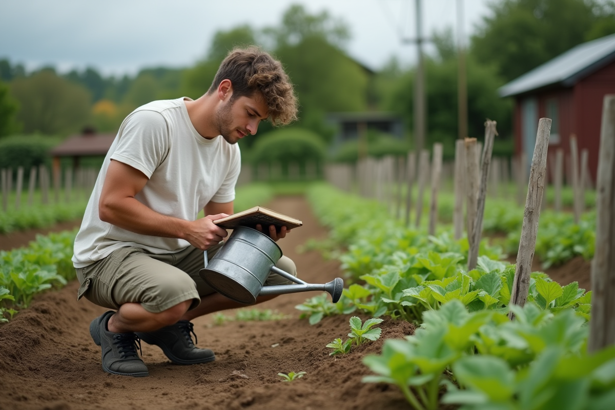 Jeune homme arrosant ses légumes dans un potager