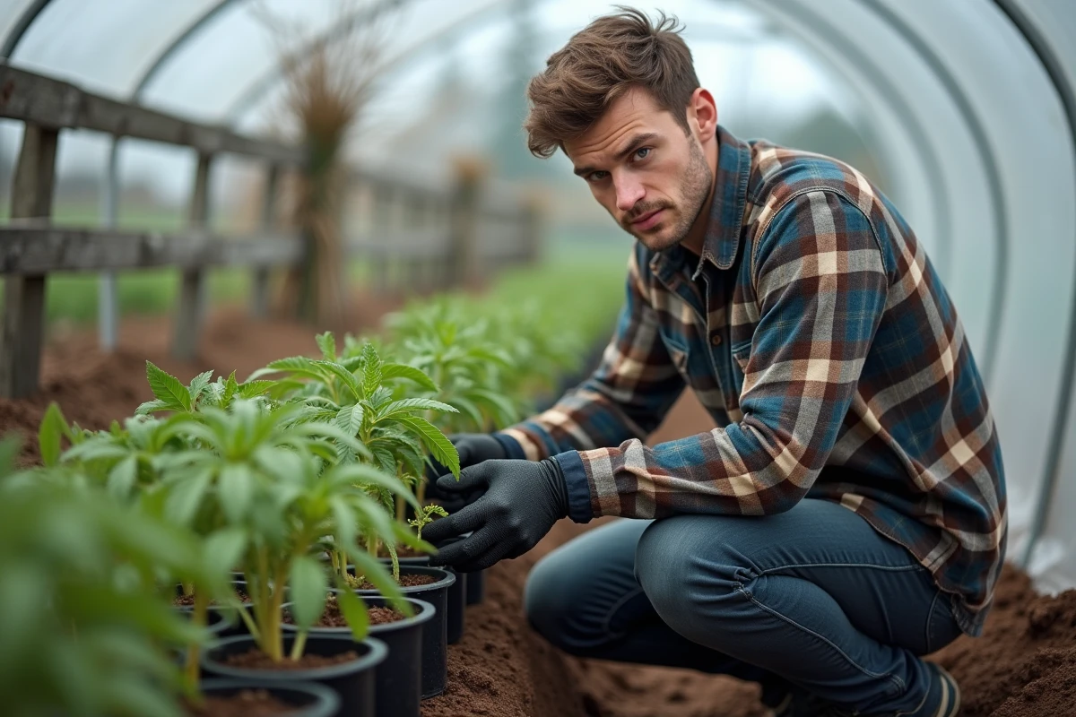 Homme en jardin préparant des plants de tomates dans une serre