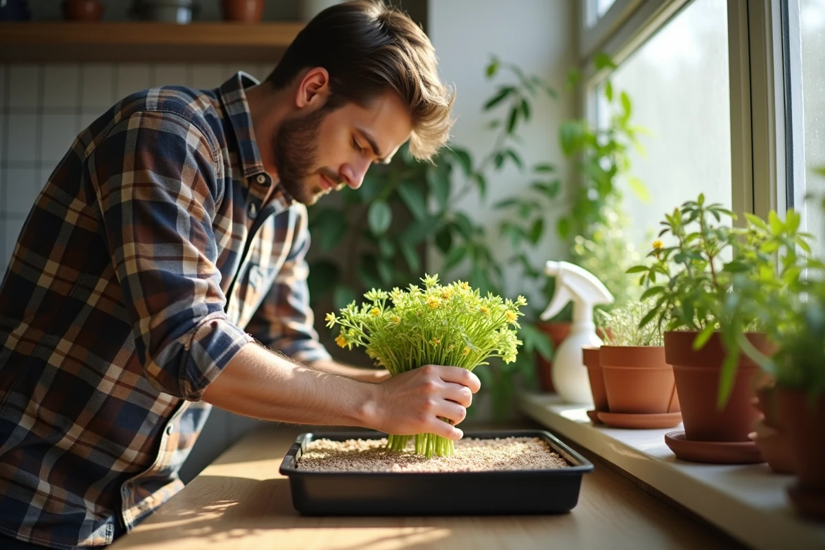 Jeune homme plaçant des tiges de waxflower dans un mélange humide en intérieur