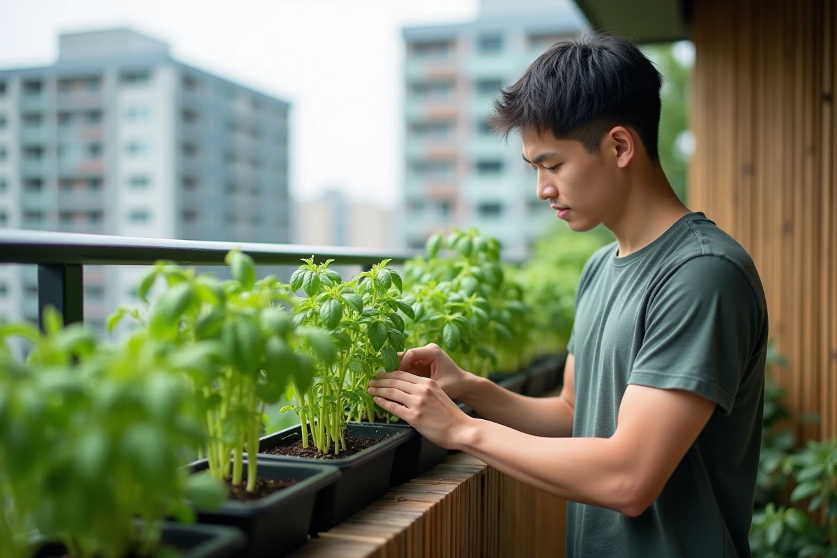 Jeune homme taillant un basilic sur un balcon urbain