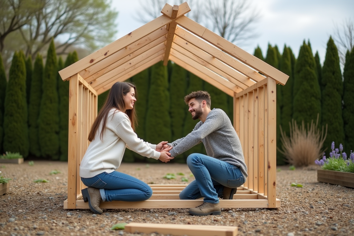 Jeune homme et femme assemblant une structure de serre en bois dans le jardin