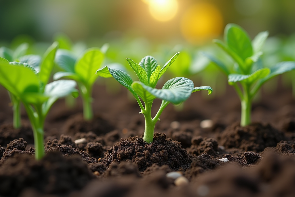 Jeunes plants de courgette dans un sol riche en plein jour