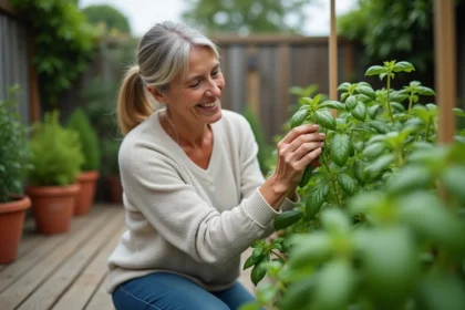 Femme d'âge moyen pinçant un basilic dans son jardin