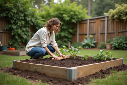 Femme au jardin mesurant la terre dans un carré de jardin