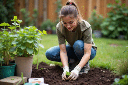Jeune femme plantant des graines dans un jardin verdoyant