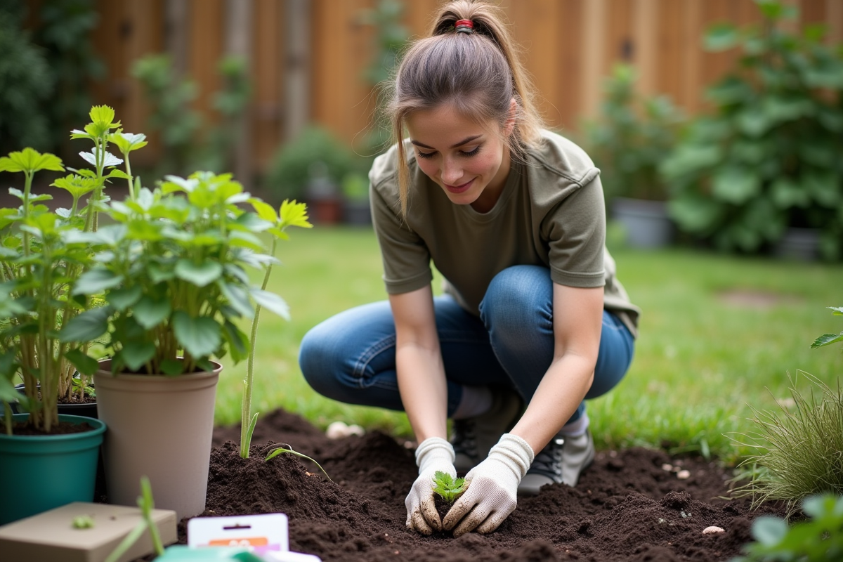 Jeune femme plantant des graines dans un jardin verdoyant