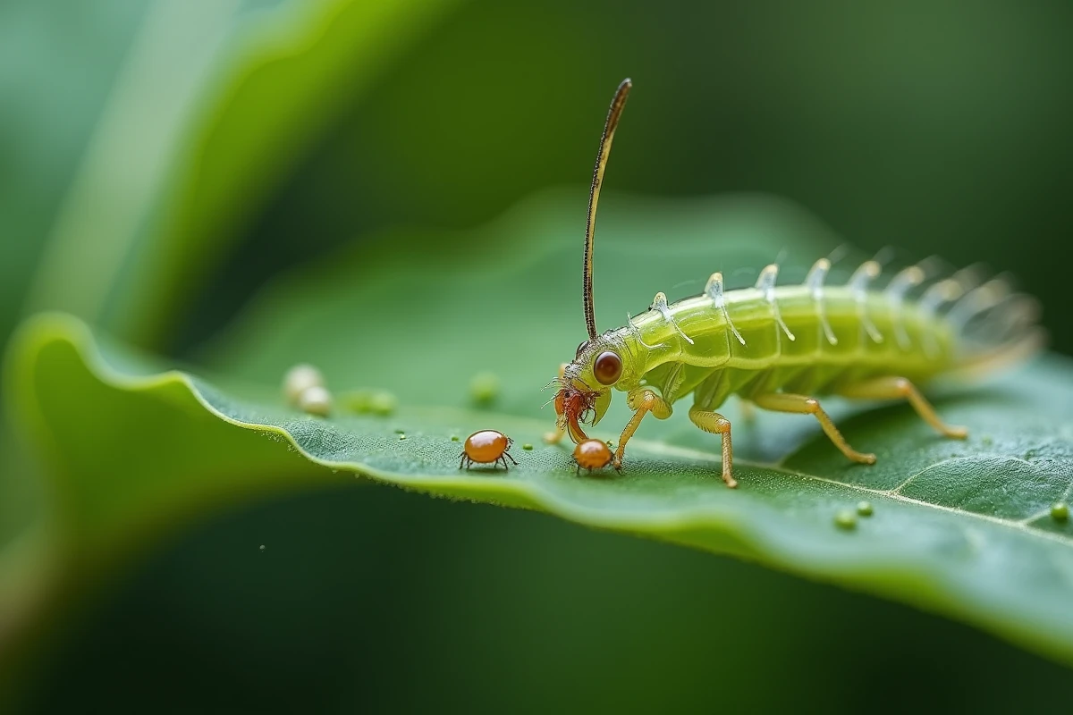 Larve de chrysope s'attaquant à un puceron sous une feuille de laurier rose, auxiliaire de jardin naturel
