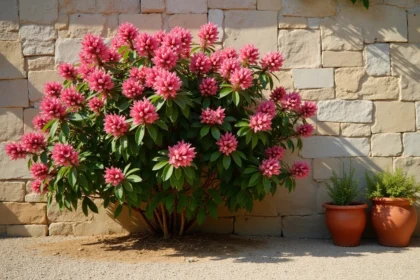 Laurier rose planté près d'un mur en pierre avec racines visibles à la surface du sol dans un jardin méditerranéen