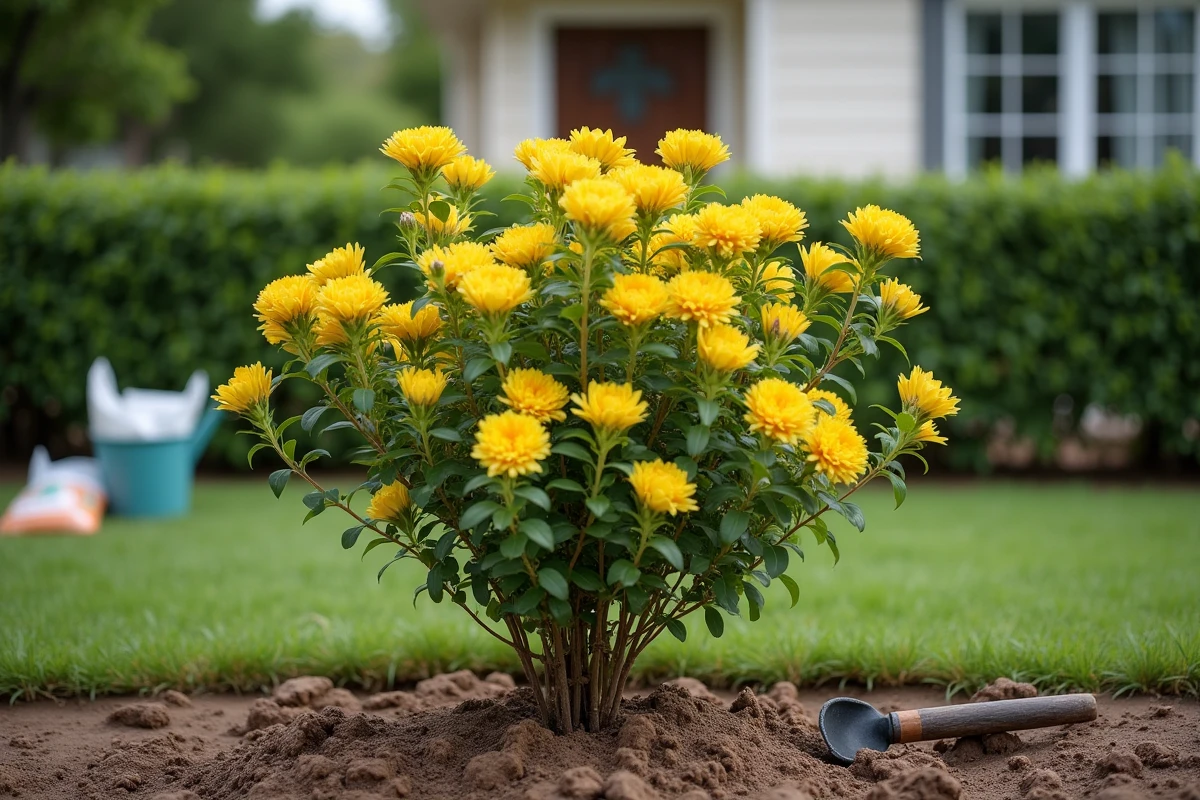 Jeune laurier rose fraîchement planté avec jaunissement des feuilles dans un jardin résidentiel