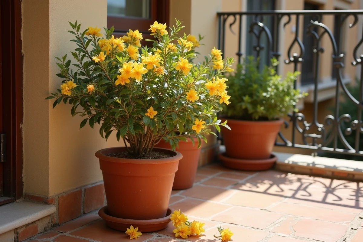 Laurier rose en pot sur un balcon méditerranéen avec des feuilles jaunes tombées et un feuillage clairsemé indiquant un dépérissement