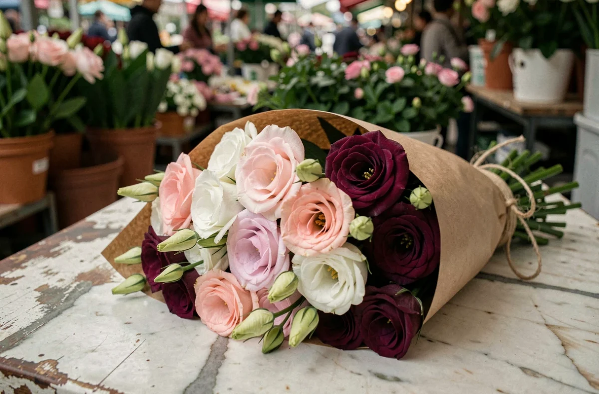 Bouquet de lisianthus frais en roses et violet enveloppé dans du papier kraft sur un comptoir de marché fleuri