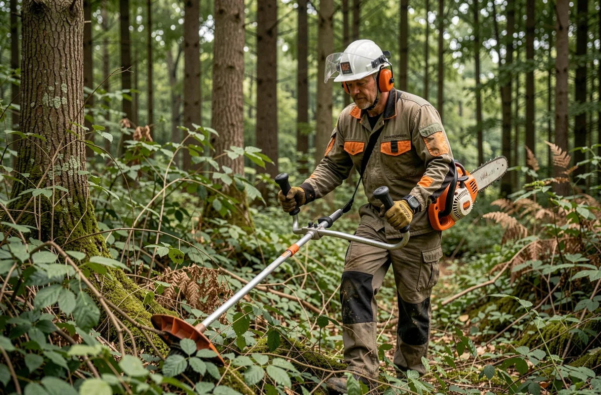 Un professionnel de LW Élagage débroussaille une lisière boisée en Pays de la Loire avec une débroussailleuse professionnelle, en tenue de protection forestière complète