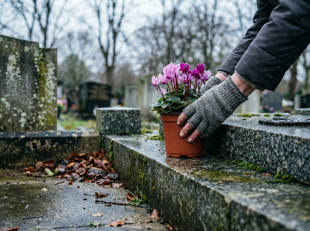 Mains de femme âgée déposant un cyclamen en pot sur une tombe en granit au cimetière en automne