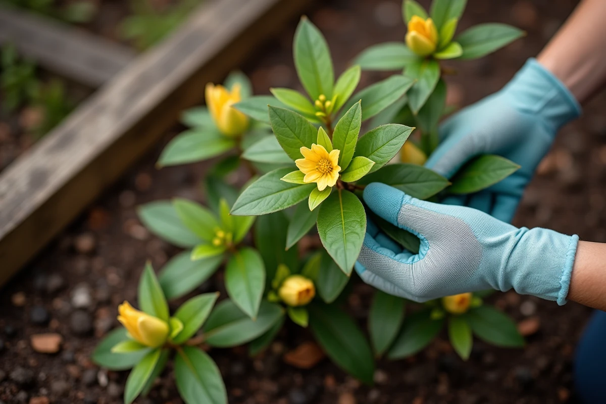 Mains gantées tiennent une branche de rhododendron avec feuilles jaunes
