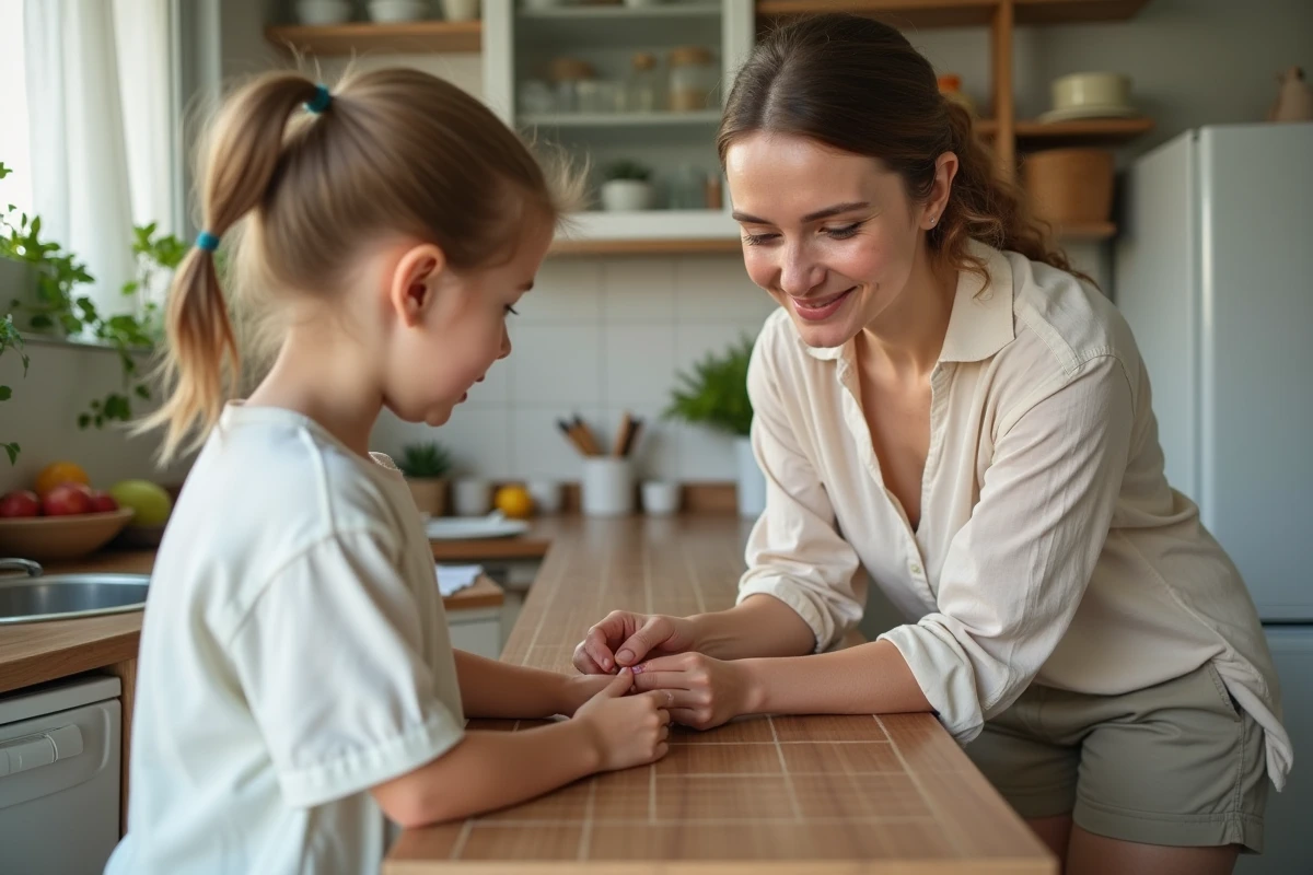 Maman examinant le poignet de sa fille pour des piqûres d