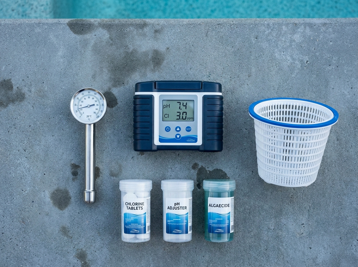 Ensemble de matériel professionnel pour l'entretien de piscine disposé sur du béton, incluant kit de test d'eau, thermomètre et doseurs de produits chimiques