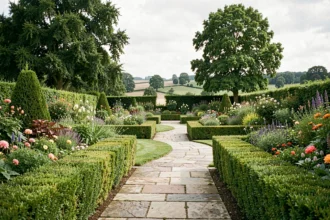Un jardin soigné dans les Pays de la Loire avec haies taillées, allées en pierre et massifs fleuris, représentant les meilleures entreprises d'entretien de jardin de la région