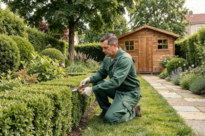 Jardinier professionnel en train d'entretenir un jardin résidentiel en Seine-Saint-Denis, illustrant le classement des meilleurs jardiniers à domicile