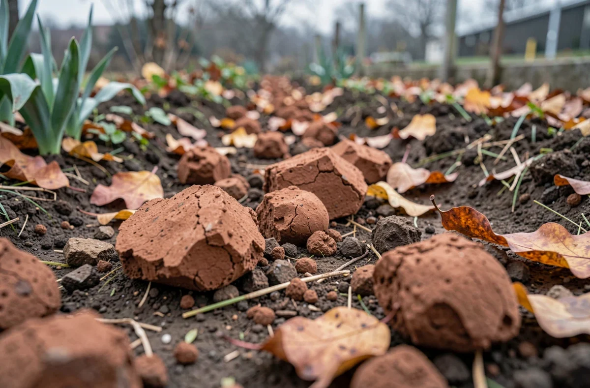 Mottes d'argile laissées en surface d'un potager à l'automne