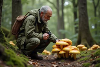 Mycologue examinant un bolet à chair jaune en forêt de chênes avec une loupe de terrain