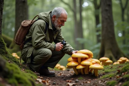 Mycologue examinant un bolet à chair jaune en forêt de chênes avec une loupe de terrain