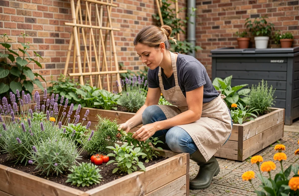 Jardinière bio d'O'Bio Jardin à Pantin récoltant des herbes aromatiques dans des potagers surélevés d'un jardin urbain biologique avec plantation en compagnie