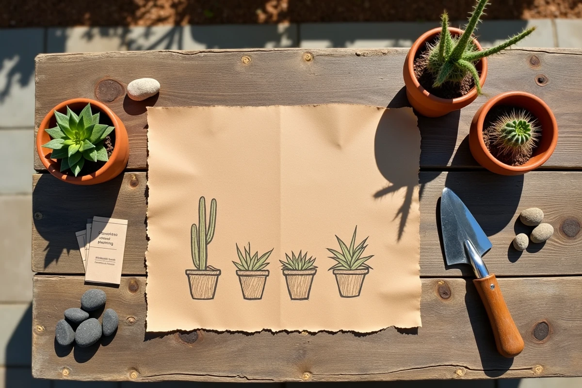 Vue de dessus d'outils de jardinage zen et plantes succulentes pour planifier un jardin sec résistant à la sécheresse