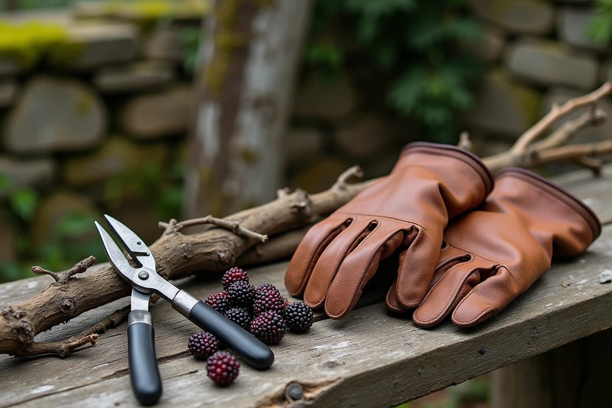 Outils de taille et branches de mûrier coupées posés sur un établi de jardin en bois, avec des fruits mûrs dispersés