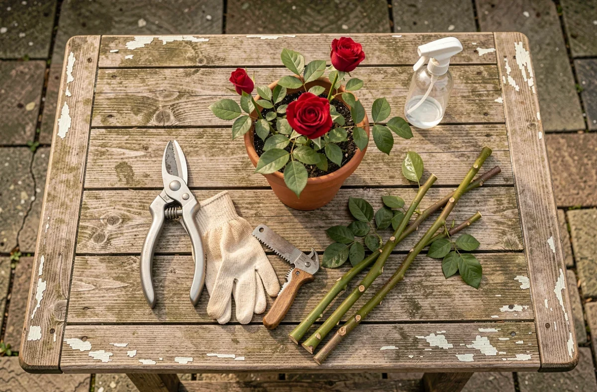 Vue aérienne des outils nécessaires pour tailler un rosier en pot sur balcon, sécateur, gants et pot en terre cuite sur table en bois