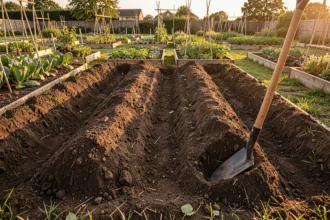 Parcelle de potager fraîchement retournée avec une bêche