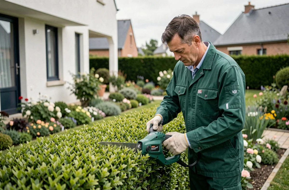 Un jardinier professionnel de Paysage'Ouest taille une haie ornementale dans un jardin résidentiel à Carquefou, Loire-Atlantique