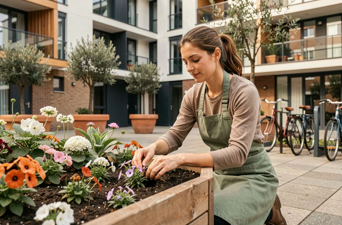 Jardinière de Paysages Montreuil plantant des fleurs de saison dans une jardinière surélevée au pied d'un immeuble résidentiel contemporain à Montreuil